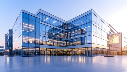 Fototapeta premium A modern office building with a glass facade reflecting the evening sky