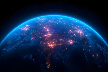 Fototapeta premium A nighttime view of Earth from space, showing the illuminated cities of Asia and Europe