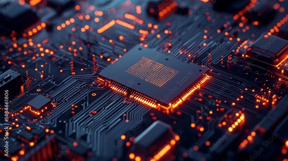 Poster close-up view of a mosfet transistor on a high-tech circuit board