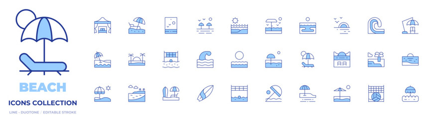 Beach icons collection. Line Duotone style, editable stroke. beach, beach volleyball, sunset, beach cabana, wave, sun umbrella, surfing board, sunrise