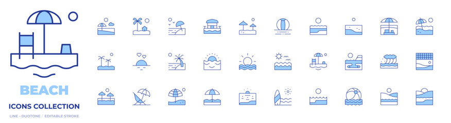 Beach icons collection. Line Duotone style, editable stroke. beach, sunset, beach volleyball, beach sunset, beach ball, waves, sun, sea, seat