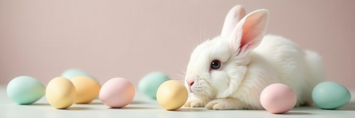 Fluffy white bunny rests amidst pastel Easter eggs on a neutral backdrop , March, adorable, bunny