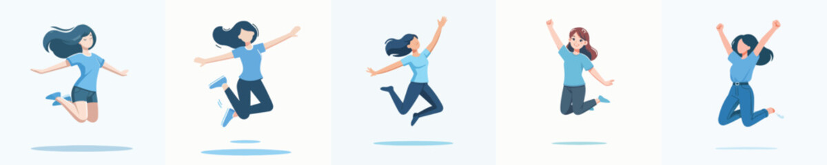A woman in blue is jumping happily. Vector illustration