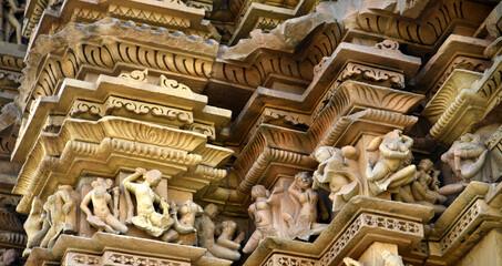 Stone carving sculptures Javari Temple, Khajuraho, a UNESCO world Heritage site, India.