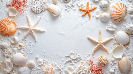 Pristine White Canvas Adorned with Vibrant Hues of Sea Shells