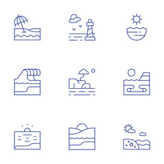 Beach icons set. Thin Line style, editable stroke. sea, rocky, beach