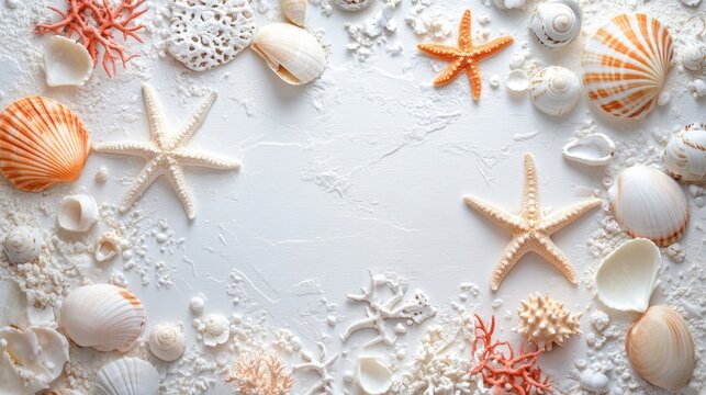 Pristine White Canvas Adorned with Vibrant Hues of Sea Shells