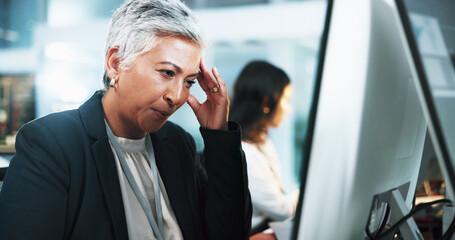 Mature woman, headache and stress with computer for mistake, difficult task or overworked at...
