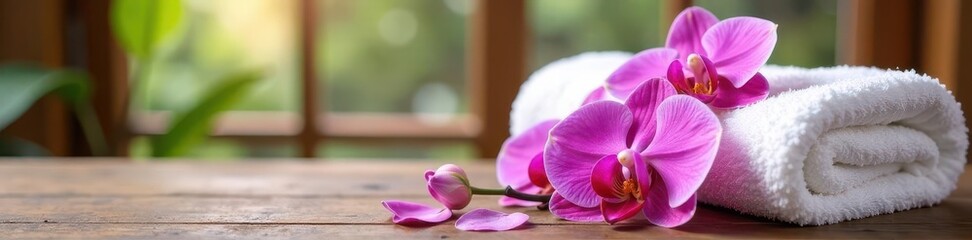 Orchid blossoms & plush towels, ready for spa , texture, copy space, isolated