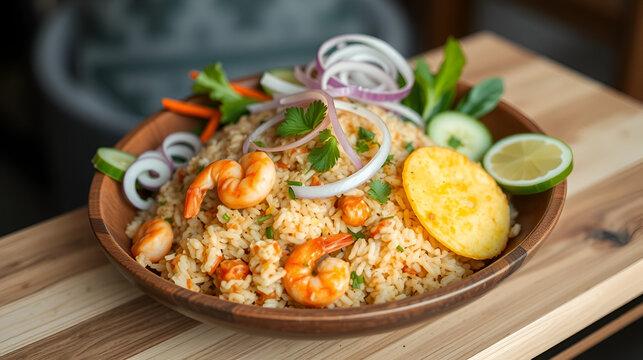 shrimp paste fried rice or kapi fried rice local thailand street food decoration with vegetable herb omelet onion cucumber in wooden plate.