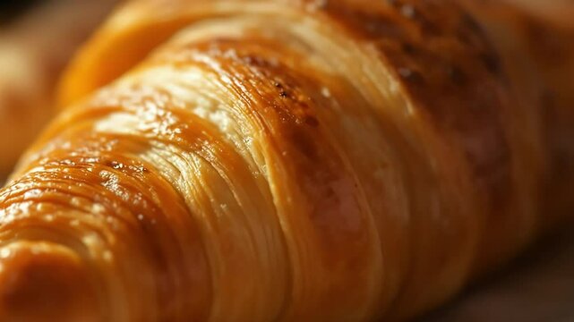 Macro shot of delicious baked croissant golden and flaky texture close up