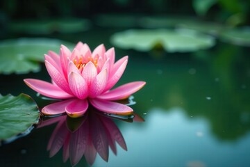 Pink water lily floats serenely on calm, clear water , detail, flower, tranquil