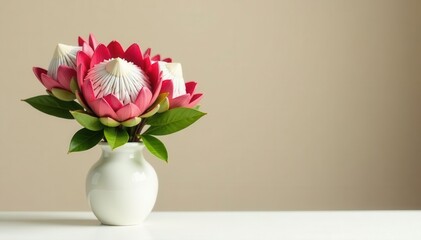 Fototapeta premium Protea bouquet in vase, white table, beige wall , bright, elegance, minimalist