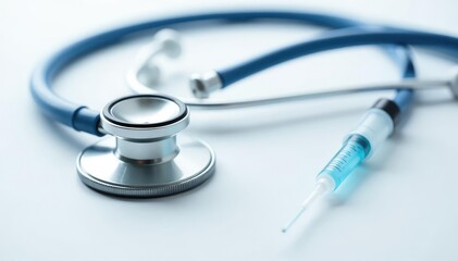 Close-up of veterinary stethoscope & syringe on white, medical, animal care, animal