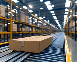 A single cardboard box moves along a conveyor belt in a large warehouse