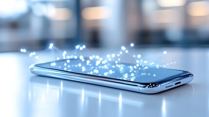 A smartphone lies on a white surface, with glowing blue dots and lines emanating from it