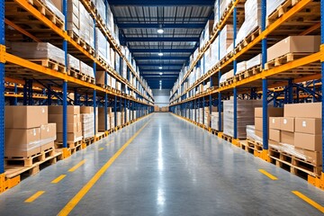 A spacious warehouse aisle with rows of high shelves filled with cardboard boxes on pallets, illuminated by overhead lights