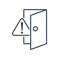 Warning about danger, risks behind doors. Vector linear icon isolated on white background.