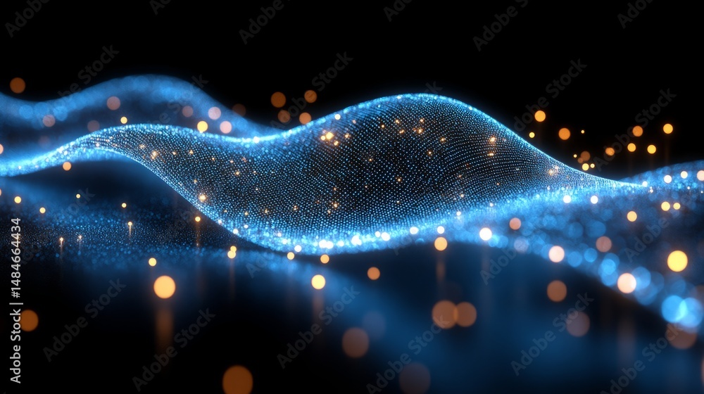 Poster dynamic abstract wave with glowing dots in blue and orange on a black background, representing data 