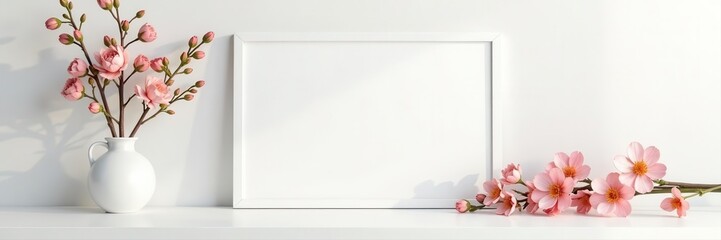 White minimalist interior, horizontal frame with delicate floral arrangement , vase, plant, decor