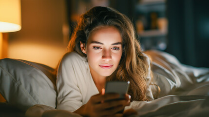 Woman using smartphone in bed at midnight