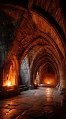 Ancient stone vaulted corridor illuminated by fire