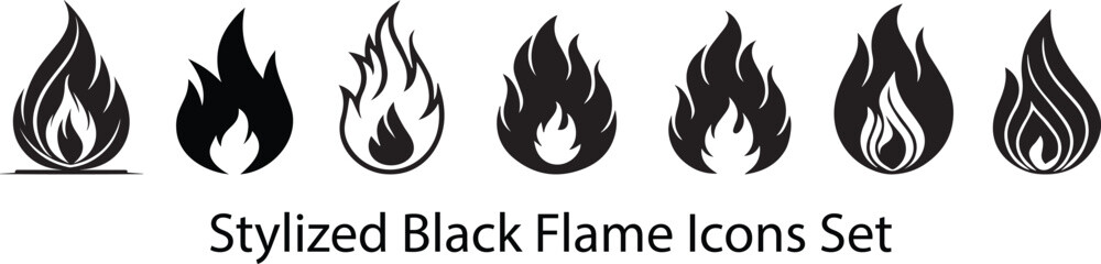Stylized Black Flame Icons Set. High-Quality Fire Symbol Silhouettes for Logos, Decals, Tattoos, and Graphic Design