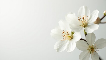 Delicate white blossoms against pure white backdrop, tranquil, bright, light