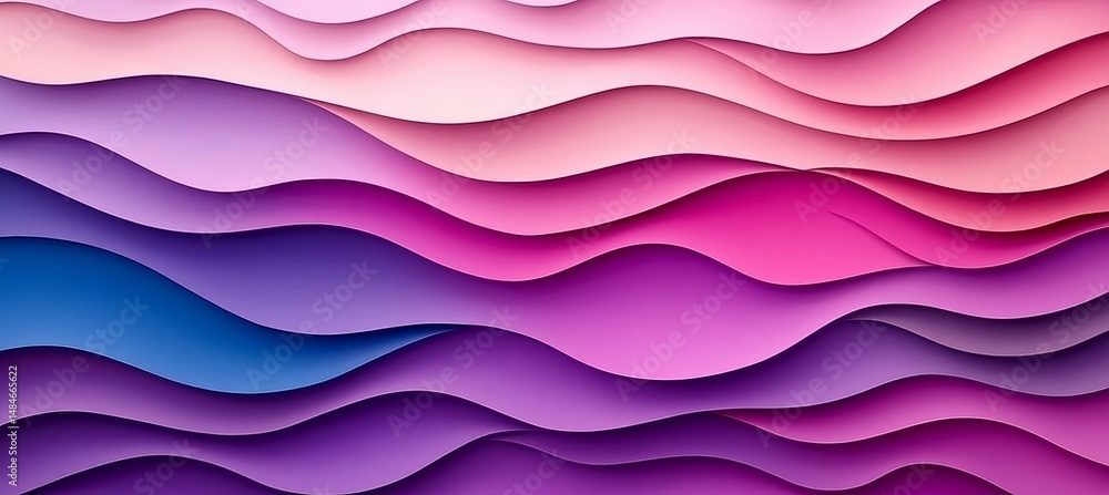 Poster abstract background with 3d paper cut out style waves flowing in violet and pink tones