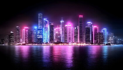 Fototapeta premium A vibrant cityscape at night, illuminated by neon lights reflecting in the water