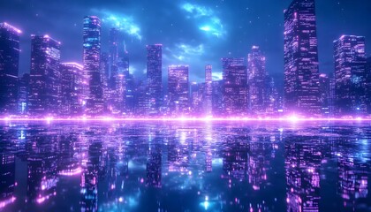 Obraz premium A vibrant city skyline at night with neon lights reflecting on a calm body of water
