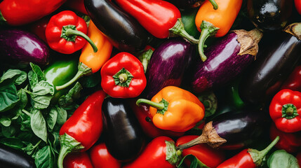 Fresh vegetables including bell peppers, eggplants, and basil create vibrant and colorful display, showcasing nature bounty and freshness