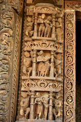 Stone carving sculptures on Khajuraho Temple, a UNESCO world Heritage site, India.