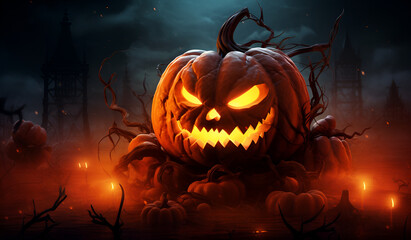 Evil Pumpkins Halloween Wallpaper with Spooky Lighting and Dark Background Atmosphere