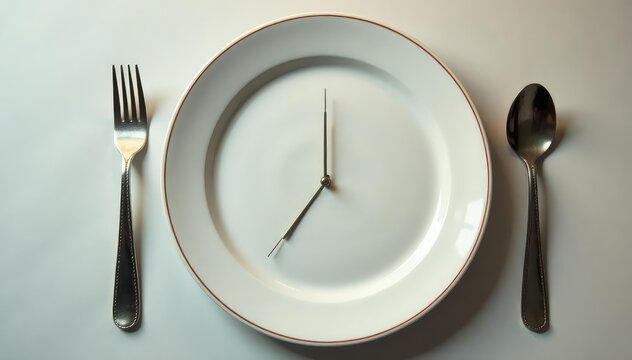 Empty plate with clock, signifying time-restricted eating , self-control, clean eating