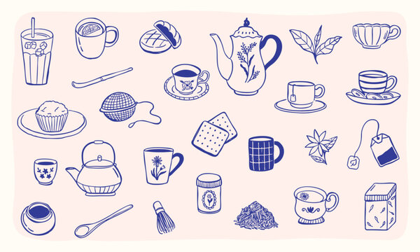 tea doodle collection icon hand drawn illustration set