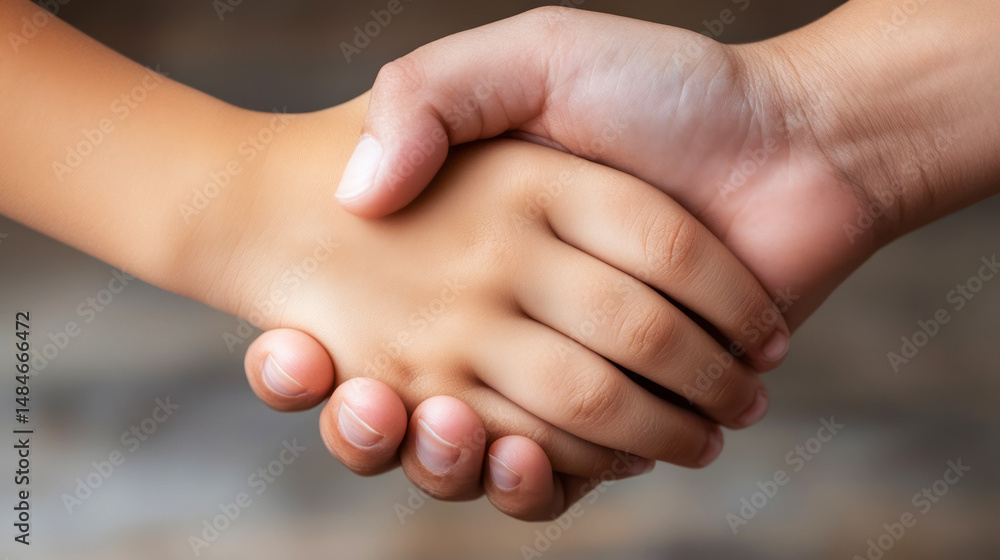 Poster close-up of two hands shaking in a gesture of unity and cooperation between generations