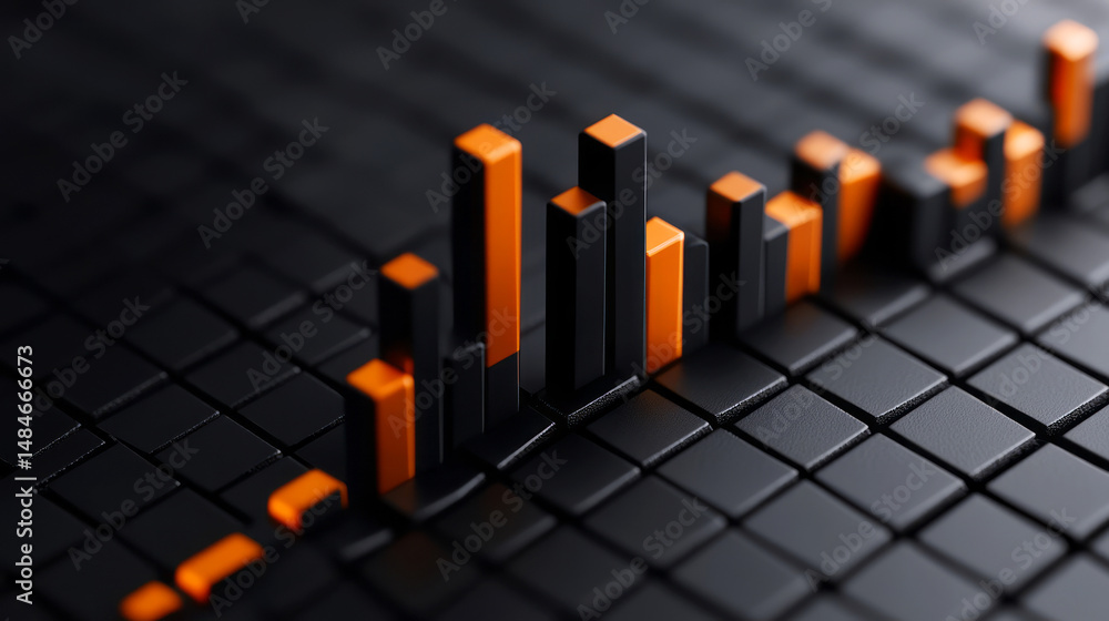 Poster black and orange bar graph on dark background with textured grid design for financial analysis