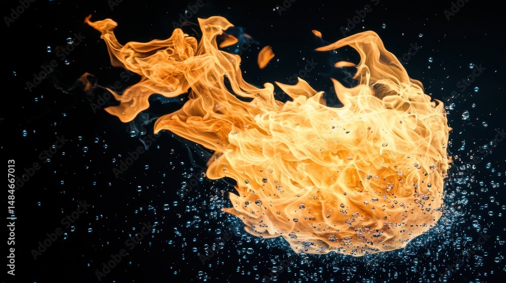 Poster dynamic flames dancing in water with bubbles creating a striking visual contrast in dark background