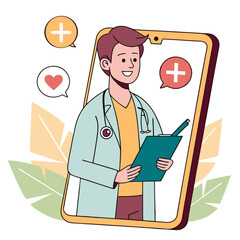 Smiling Doctor on Smartphone Screen Offering Online Medical Consultation and Healthcare Services