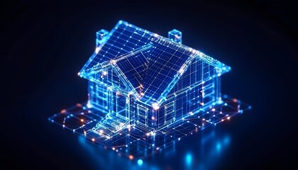 A wireframe rendering of a house, glowing with blue and orange lights, against a dark background