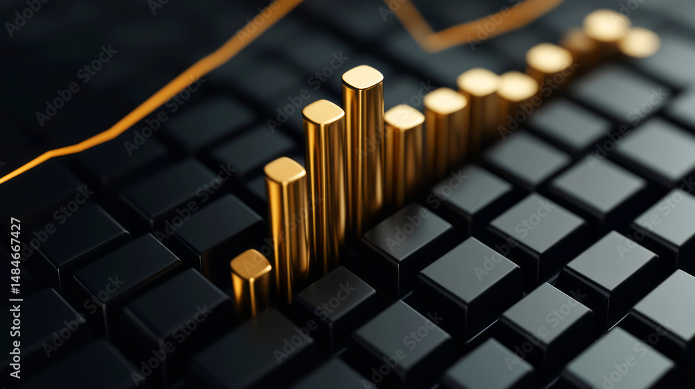 Aufkleber abstract 3d bar graph on dark keyboard with golden elements and financial trends graph
