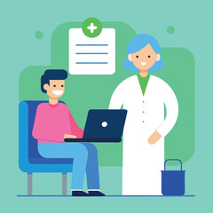 Fototapeta premium Happy Male Patient Using Laptop with Female Doctor in Modern Clinic Setting
