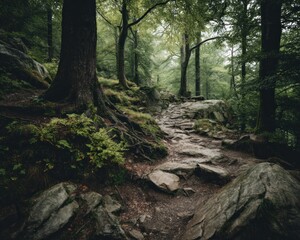 Forest path among stones and lush greenery
