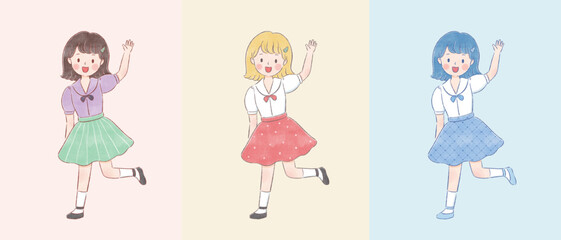 Cute short-haired girl waving hand, watercolor style vector illustration