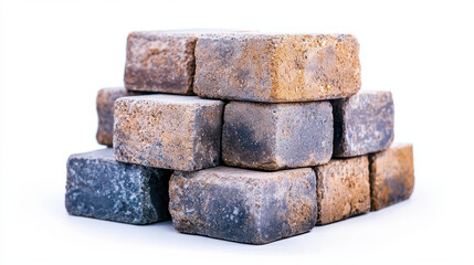 Stacked bricks in various shades of gray and brown, showcasing rugged texture and natural weathering, evoke sense of durability and strength