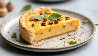 Slice of delicious homemade pumpkin pie on plate, closeup