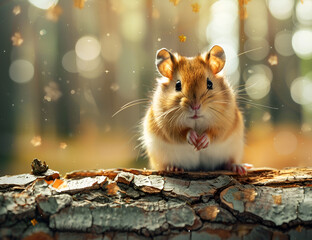 Curious Hamster Standing on Forest Log Surrounded by Natural Woodland Environment
