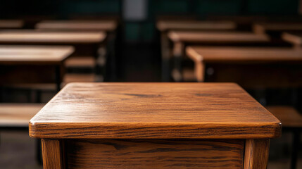 Fototapeta premium Wooden Classroom Desk in an Empty Schoolroom with Rows of Chairs in Background