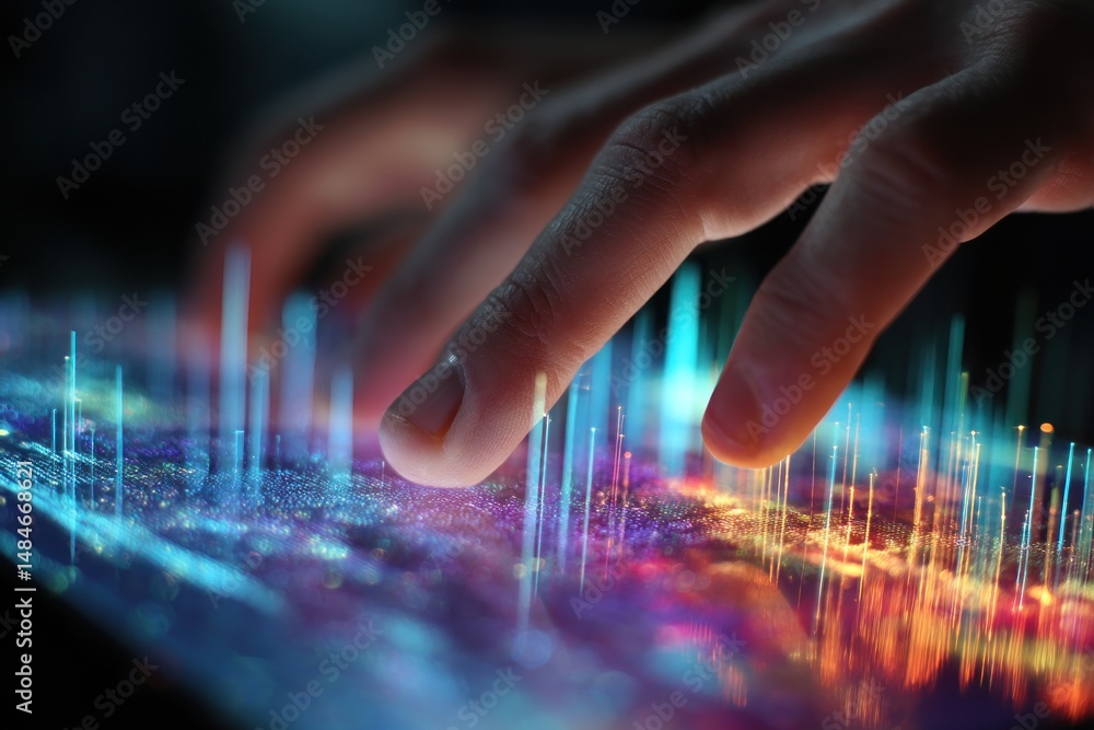Poster hand touching digital data visualization on tablet